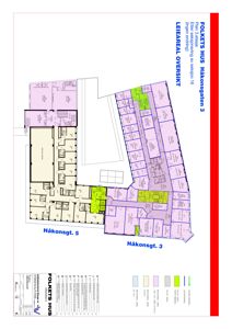 Etasjeplan (Plan 1) for Folkets Hus på Håkonsgt. 3 og 5, som viser romfordeling, leieareal og funksjoner etter seksjonering.