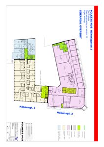Etasjeplan (Plan 5) for leilighetsområdet i Folkets Hus på Håkonsgt. 3 og 5, med romfordeling og arealoversikt.