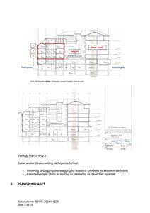 Bildet viser en snittegning (snitt) av en bygning sett fra Teatergaten mot bakgåden/Sverres gate. Det er også inkludert en fasade- eller frontsidegavegning under snittet.