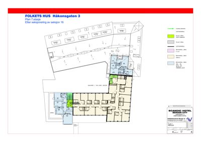 Plantegning av 7. etasje i Folkets Hus, Håkonsgaten 3, med romfordeling, arealer og funksjoner.