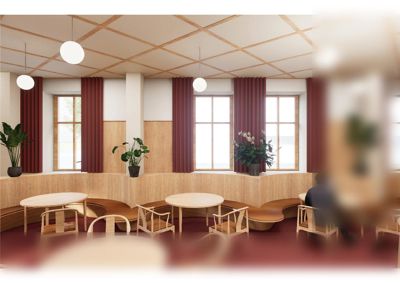 3D-visualisering av et innendørs rom (kafé eller møterom) med detaljerte møbler, planter, lys og arkitektoniske elementer.