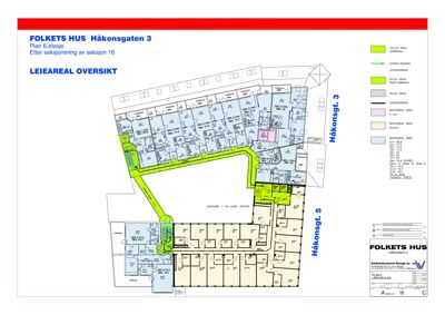 Plantegning av 6. etasje i Folkets Hus, Håkonsgaten 3, som viser leiearealoversikt etter seksjonering.