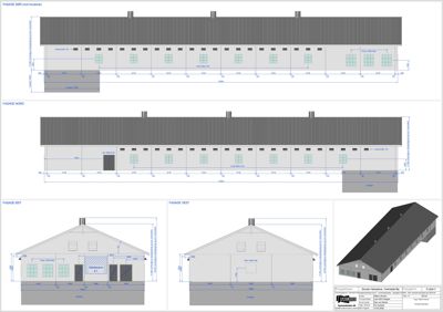 Fasade- og oppriss tegninger for en bygning, inkludert SØR, NORD, ØST og VEST-fasader samt en 3D-visning.