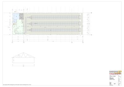 Tegning som viser en teknisk detalj av en takkonstruksjon (trekronet tak) og en planutsnitt av en bygning med flere soner.
