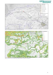 Bildet viser to kart: øverst et forsonekart for kvikkleire og nederst et kart over terrengheving og høydevariasjoner i et område.