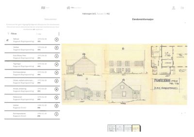 Et tegnet oppriss (fasadetegning) av en bygning sett fra fire sider (Nord, Sør, Øst, Vest).