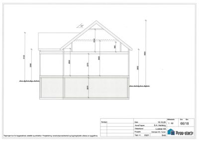 Snittegning som viser bygningens tverrsnitt, høyder, takhøyde og konstruksjon.