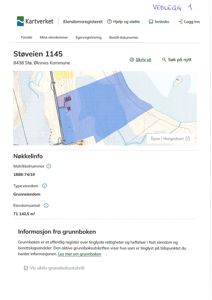 Kartutsnitt fra Kartverket som viser eiendommen Støveien 1145, grunneierstatus og eiendomsareal.
