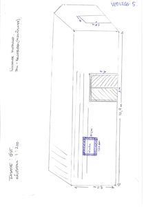 En håndtegnet fasadeopprikk (fra øst) med mål på 3,2 m bredde og 10,9 m høyde, inkludert vindu og takkledning.