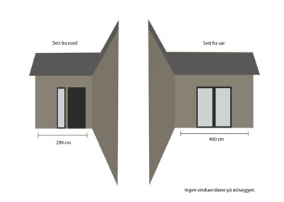 Fasadetegning som viser bygningens utseende sett fra nord og sør, med angitte mål for dører/vinduer.