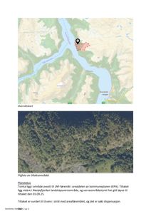 Bildet viser et oversiktskart med topografi, vannveier og en markert tomt, samt et flyfoto av området.
