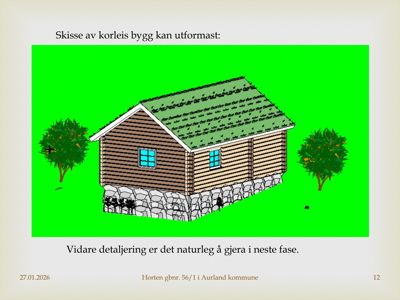 3D-visualisering av et planlagt trehus med skrå tak og steinfundament.