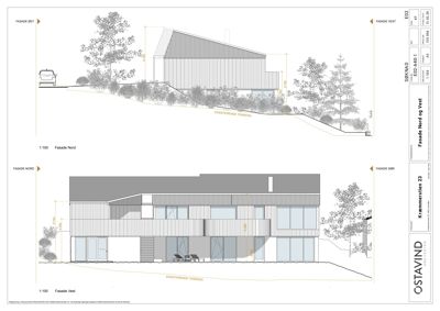 Fasadetegning som viser bygningens utseende fra ulike vinkler (Nord og Vest) med mål og terrengforhold.
