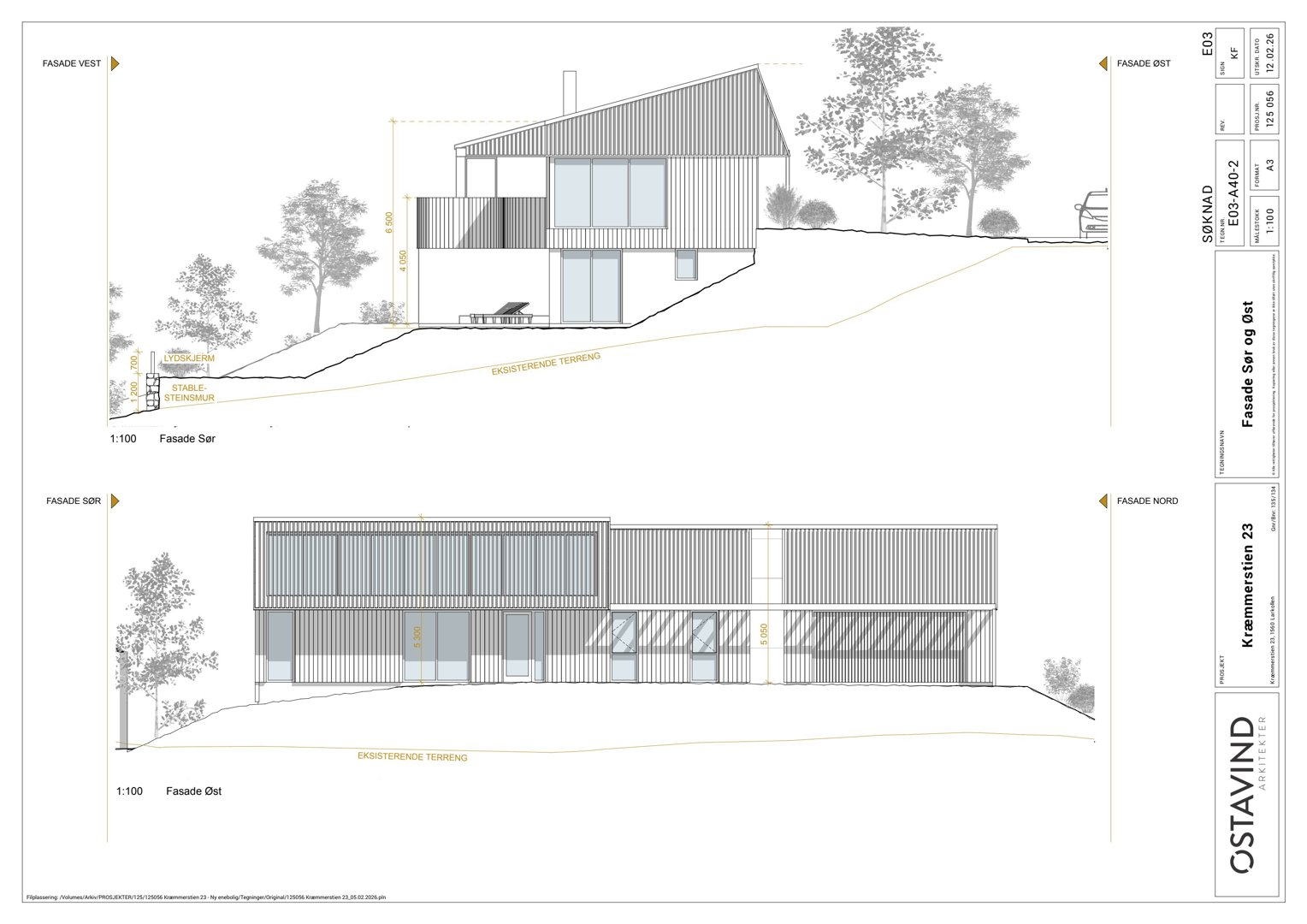 Fasadetegning som viser bygningens utseende fra flere vinkler (Sør, Øst, Vest, Nord) med mål og terrengforhold.