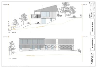 Fasadetegning som viser bygningens utseende fra flere vinkler (Sør, Øst, Vest, Nord) med mål og terrengforhold.