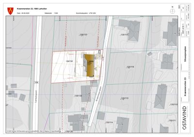 Situasjonsplan som viser tomtens plassering i forhold til nabolag, veier og eiendomsgrenser.