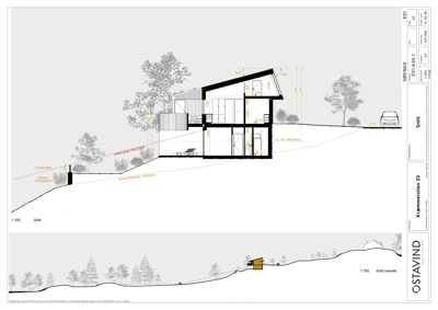 Snittegning som viser bygningens tverrsnitt, høyder, terrengforhold og innvendig oppdeling.