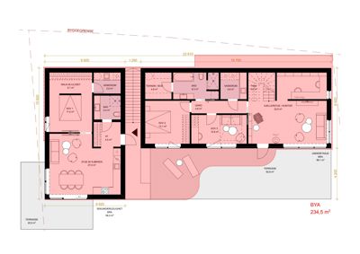 Etasjeplan (1. etasje) som viser romfordeling, arealer og plassering av vegg og dører.