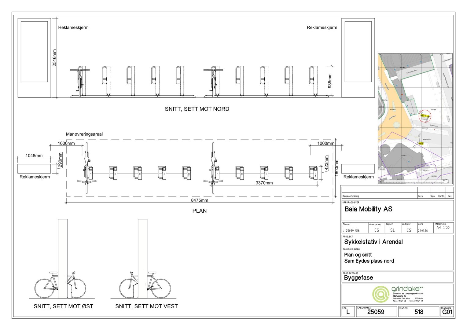 Tegning som viser snitt og plan for plassering av sykkelstativ, inkludert dimensjoner og orientering.