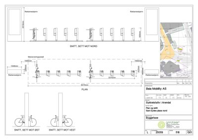 Tegning som viser snitt og plan for plassering av sykkelstativ, inkludert dimensjoner og orientering.
