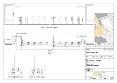 Tegning som viser snitt og plan for plassering av sykkelstativer, inkludert dimensjoner og orientering.