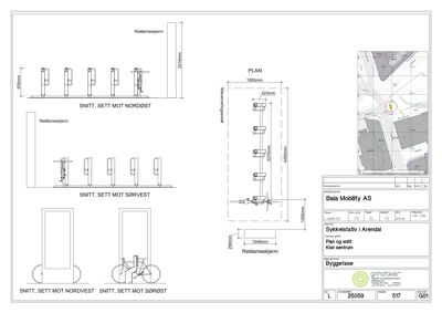 Tegning som viser snitt og plan for en sykkelparkering med reklameskjerm.