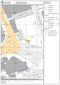 Situasjonsplan som viser bygningers plassering, eiendomsgrenser og nabolag i forhold til gater (Vesterveien, Frilandsvegen) og Sam Eydes plass.