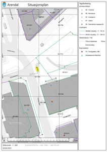 Situasjonsplan som viser eiendomsinndeling, bygningers plassering, grenser og matrikkelnummer i et område i Arendal.