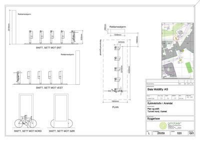 Tegning som viser detaljerte snitt og plan for plassering og dimensjoner av reklameskjerm og sykkelstativ.