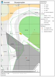 Situasjonsplan som viser eiendomsgrenser, vegkantar og topografi for et område i Arendal.