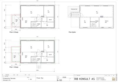 Etasjeplaner (1. og 2. etasje) og kjellerplan for en nybygget bolig, med romoppdeling og mål.