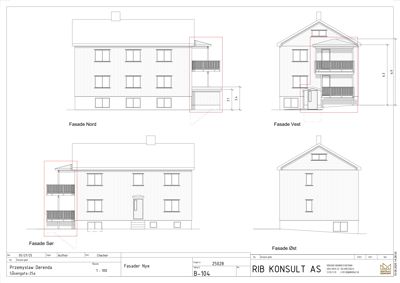 Fasadetegning som viser bygningens utseende fra fire sider (Nord, Vest, Sør, Øst) med mål og detaljer.