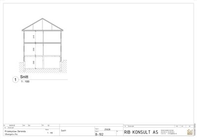 En snittegning (snitt 1) som viser bygningens tverrsnitt med høyder og konstruksjon.