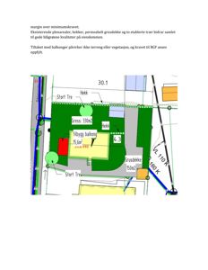 Situasjonsplan som viser tomtens arealbruk, inkludert plassering av bygninger (gult), hekker, trær og grusdekke.