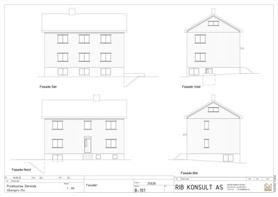 Fasadetegning som viser bygningens utseende fra fire sider (Nord, Vest, Øst og Sør).
