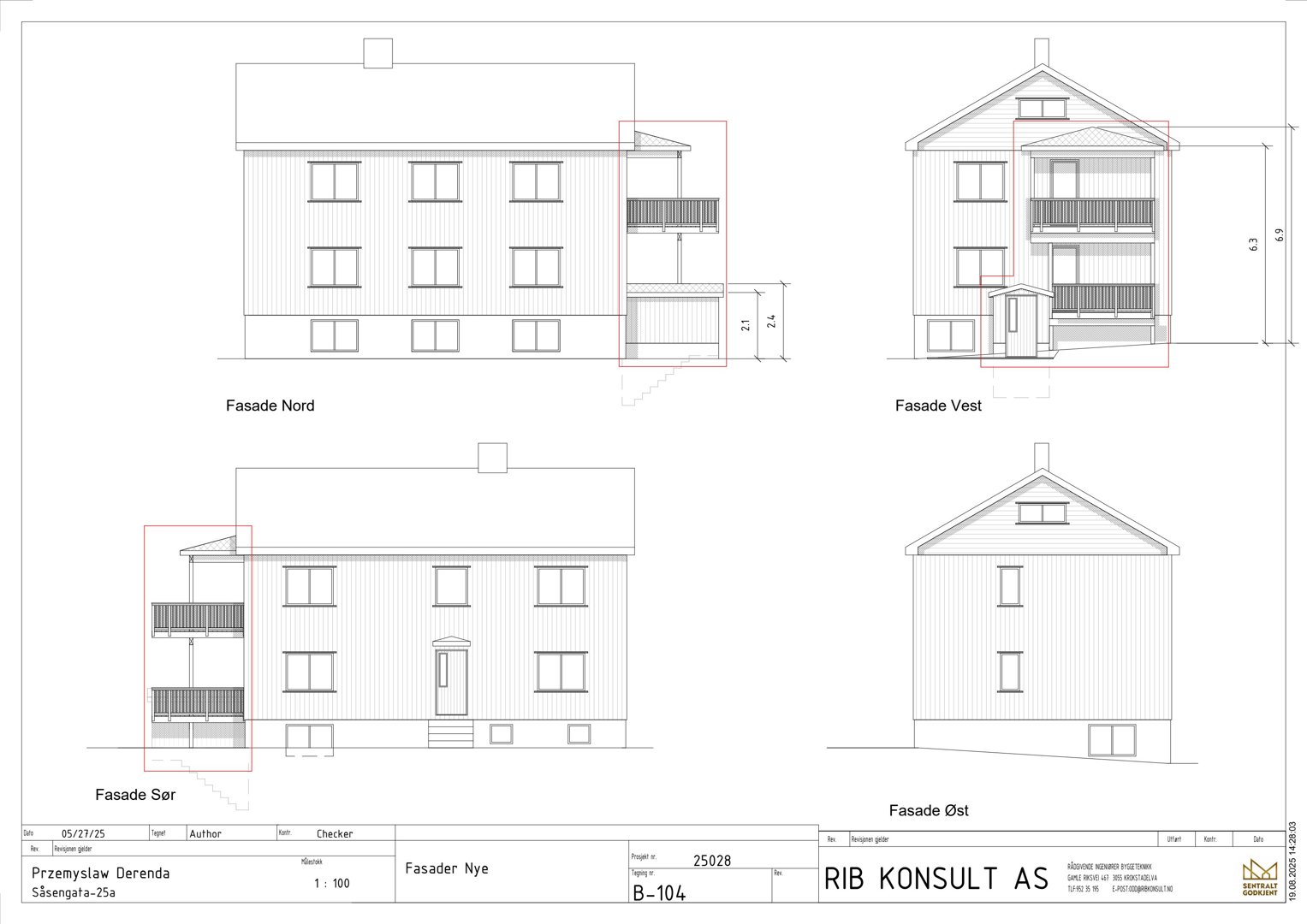 Fasadeopprikk (fasetegning) som viser bygningens utseende fra fire sider: Nord, Vest, Sør og Øst.