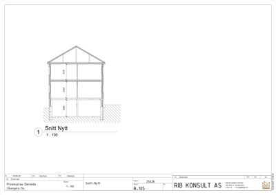 Snittegning (tverrsnitt) av en bygning med angitt høyder og konstruksjon.