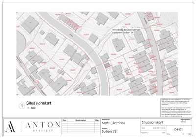 Situasjonskart som viser tomt, bygninger, veier og grenser for prosjektet Sollien 79.