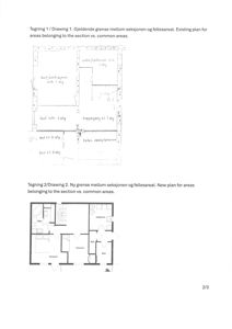 Bildet viser to plantegninger (Tegning 1 og Tegning 2) som illustrerer romfordeling og arealbruk i en etasje. Tegning 1 viser gjeldende grenser, mens Tegning 2 viser en ny planlegging.