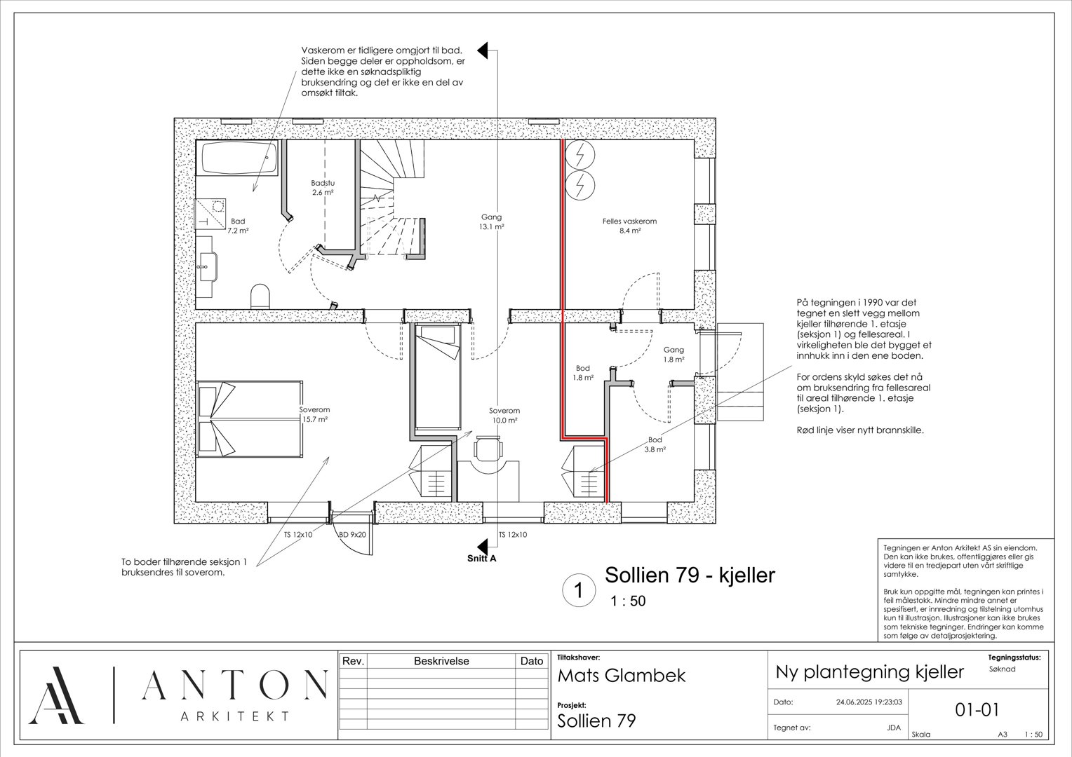 Plantegning av kjelleretasje (Sollien 79) med romfordeling, arealer og snittlinjer.