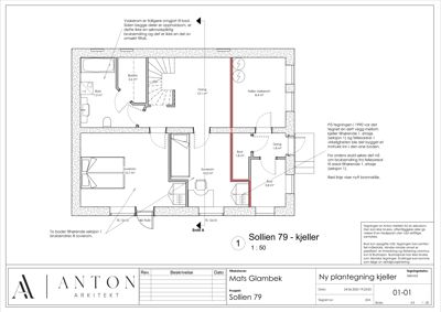 Plantegning av kjelleretasje (Sollien 79) med romfordeling, arealer og snittlinjer.