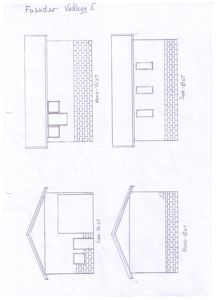 Håndtegnet fasadetegning som viser oppriss av en bygning sett fra fire ulike retninger (Nord-Vest, Sør-Øst, Sør-Vest og Nord-Øst).