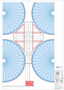 Etasjeplan som viser romfordeling, vegger og konstruksjonselementer (røde rammer) for en bygning med store halvsirkulære områder.