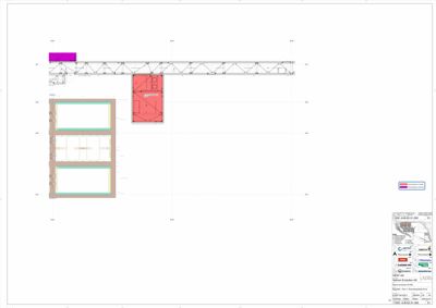 En teknisk detaljtegning som viser en stålkonstruksjon (truss) med tilhørende betongelementer og fargekodet informasjon om armering eller materialer.