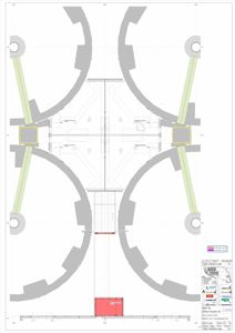 Etasjeplan som viser romfordeling, vegger og inngangspunkter i en bygning.