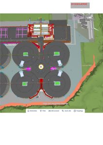 Situasjonsplan som viser plassering av byggegjerdet, anleggsveier og store tankanlegg i forhold til terrenget og nabolaget.