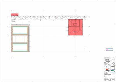 Etasjeplan som viser romfordeling, vegger og et takkonstruksjon (truss) over en del av bygningen.