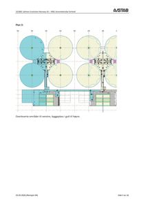 En teknisk tegning som viser etasjeplan (Plan 3) for en anleggsdel. Tegningen illustrerer plassering av store tankanlegg (sirkulære former) og tilhørende bygninger (firkantede former) med angitte mål og fargekodet informasjon om overleverte områder og byggeplass.