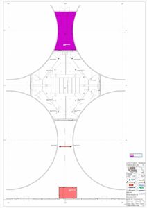 Etasjeplan som viser romfordeling, vegger og utstyr i et bygg med markerte soner.