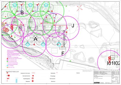 Situasjonsplan med overlag av brannsikringstiltak (symboler og soner) på en industriell tomt.